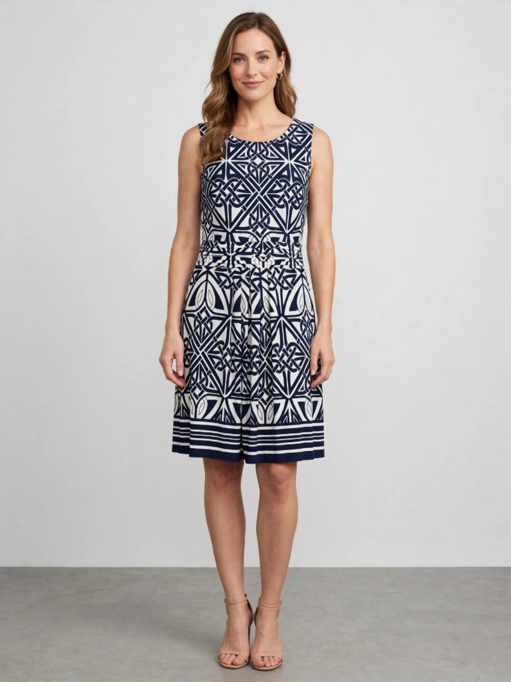Enfocus Petite Navy White Geometric Print Dress 12P Ruched Waist